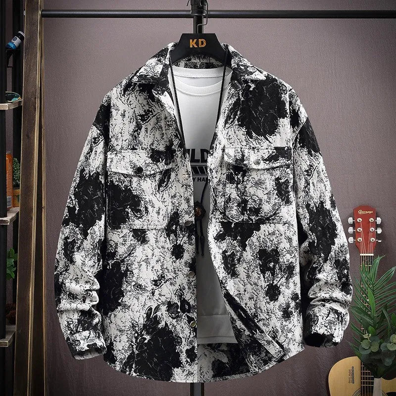 Men's casual lapel shirt coat jacket in polyester fabric with straight hem design.
