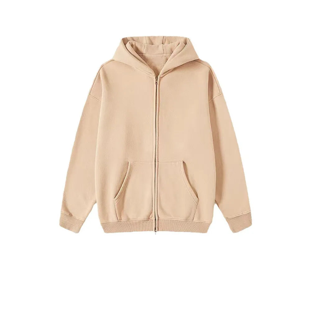 Men's washed cotton hooded cardigan sweater with fleece lining and a double zipper front.