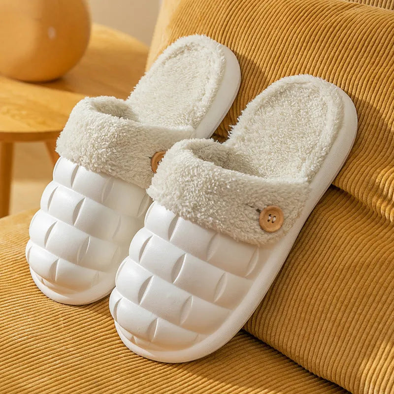 Plaid patterned detachable EVA slippers with plush lining shown in pink, green, yellow, white, grey and black.