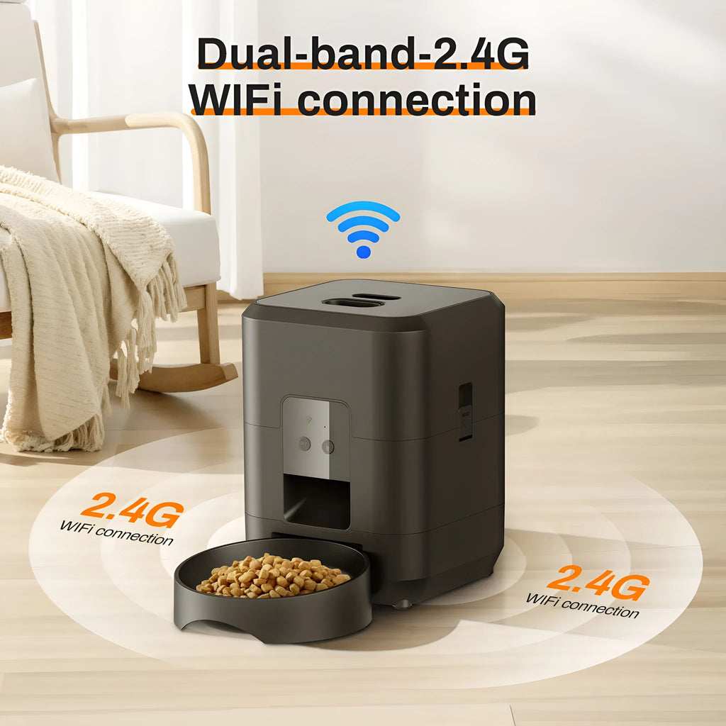 Automatic pet feeder for cats with smartphone app control and video monitoring options