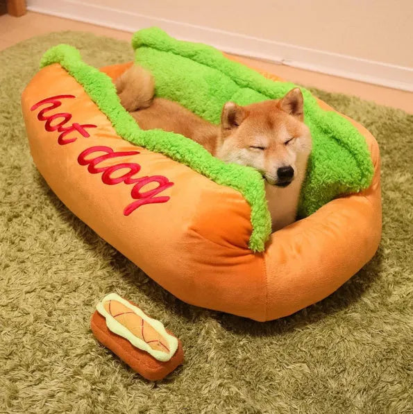 Brown hot dog bed with removable cushion for small medium large dogs