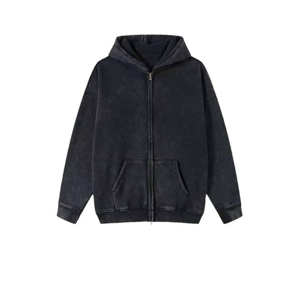 Men's washed cotton hooded cardigan sweater with fleece lining and a double zipper front.