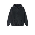 Men's washed cotton hooded cardigan sweater with fleece lining and a double zipper front.