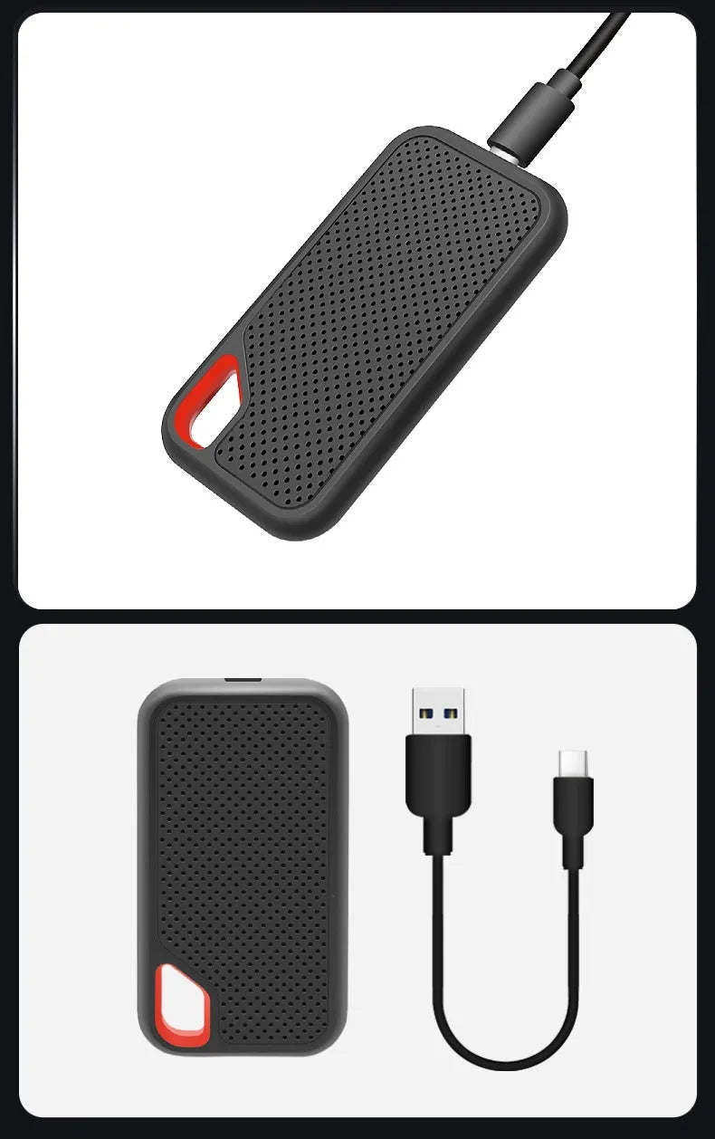Black portable SSD with USB Type-C 3.1 interface, available in capacities from 500GB to 256TB