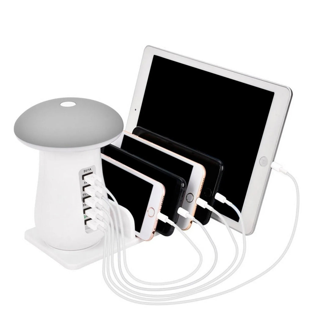 White Besegad mushroom-shaped USB charging dock station with five ports and integrated LED desk lamp.