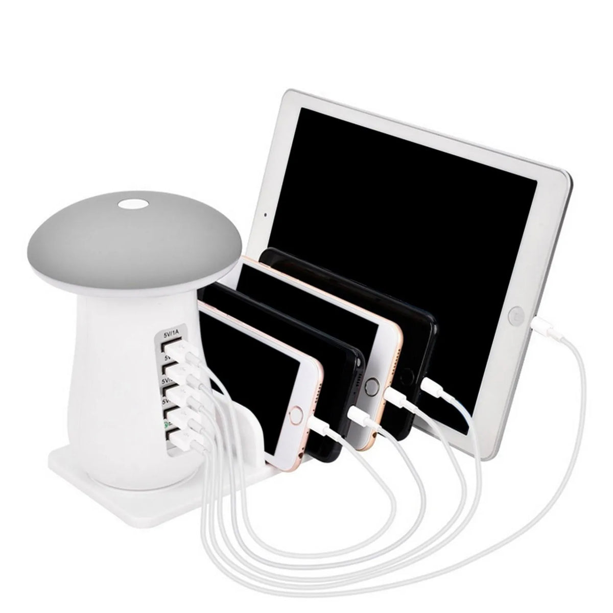 White Besegad mushroom-shaped USB charging dock station with five ports and integrated LED desk lamp.