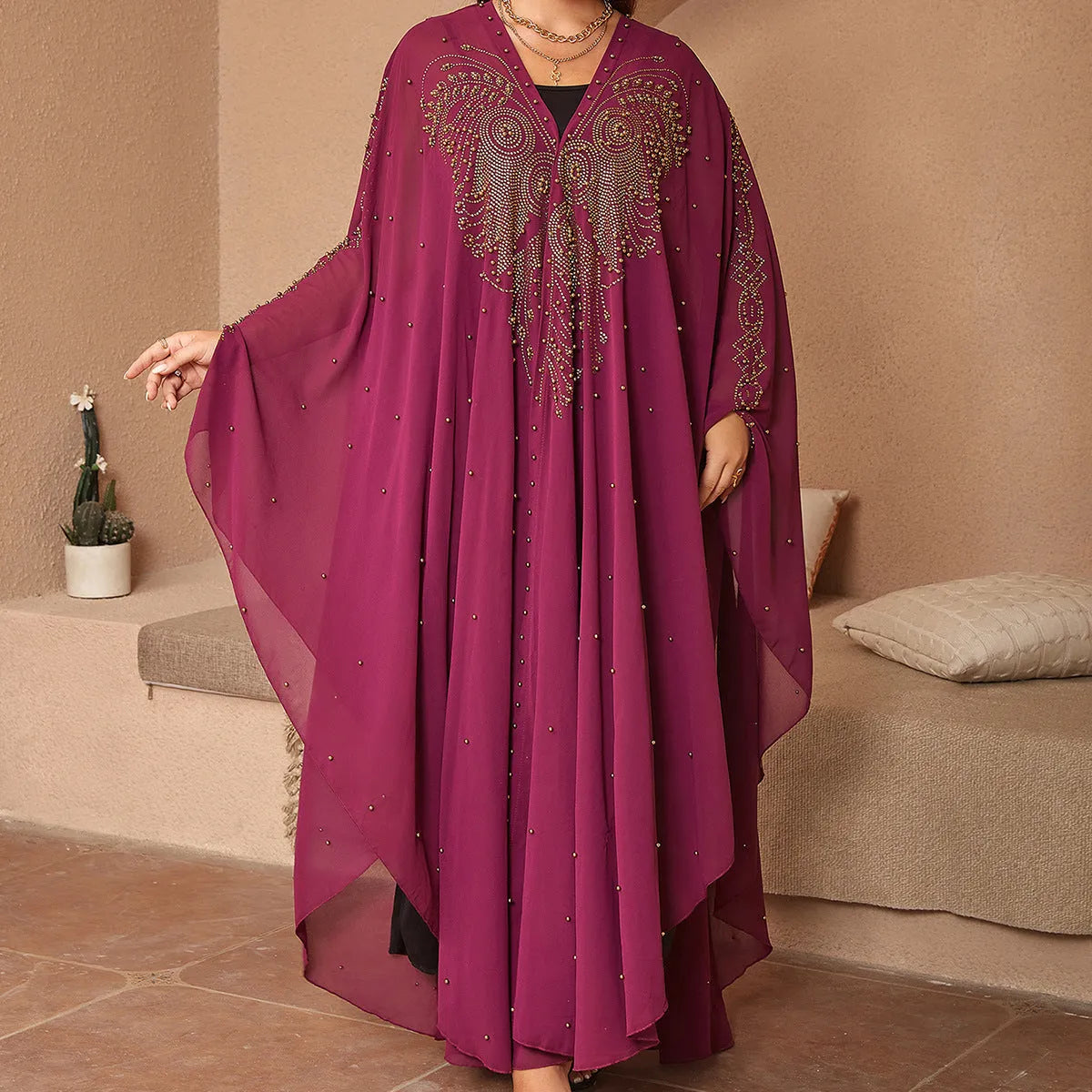 Purple Muslim style chiffon shawl with rhinestone and bead trim along edges, demonstrating full length coverage