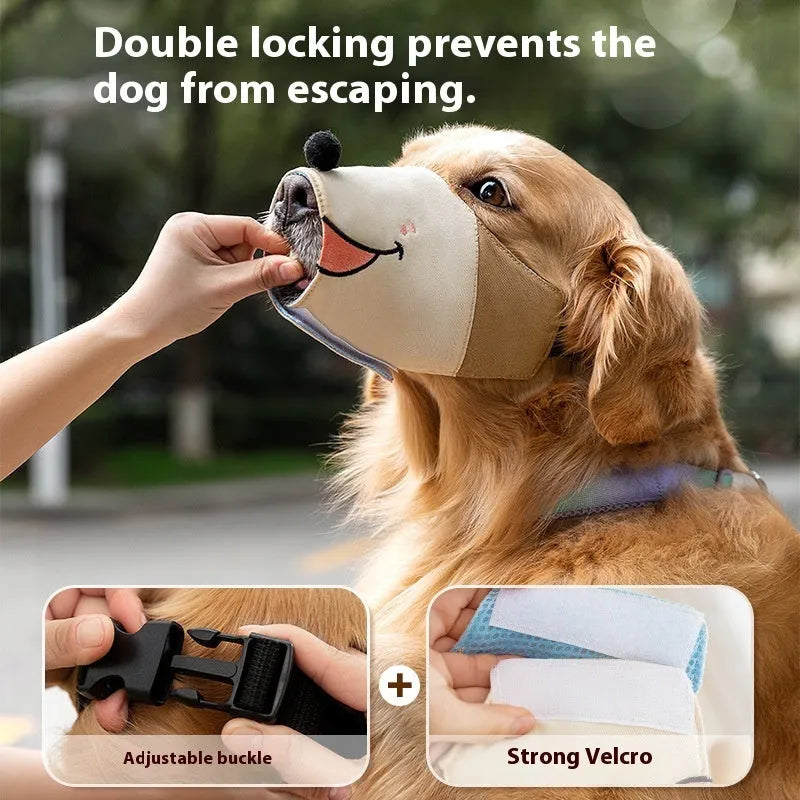 Canvas dog muzzle anti-bite mouth cover in Ollie Brown Bear colour with size chart showing weight recommendations