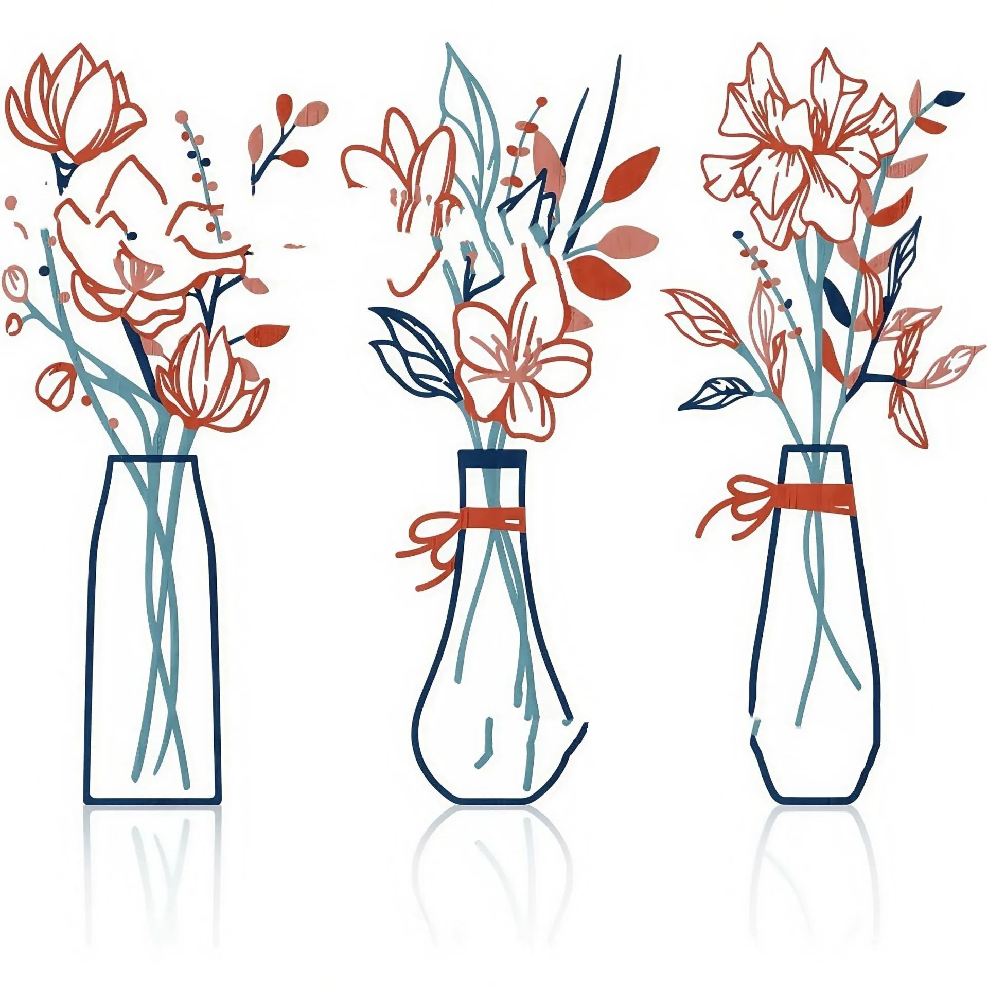 Three metal flower wall art pieces in farmhouse country style with vase designs