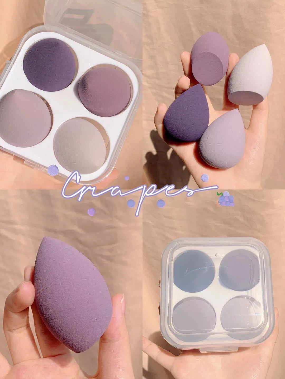Box containing four coloured synthetic makeup sponges (grape, mango, mint, peach) each roughly 6cm in size.