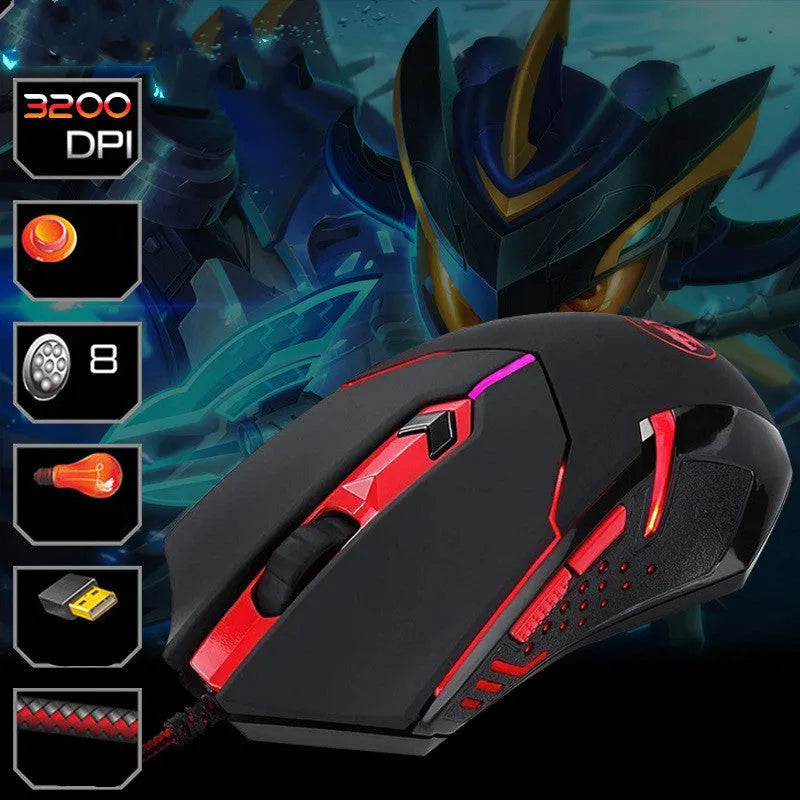 Black red wired USB optical gaming mouse with six keys and adjustable DPI settings