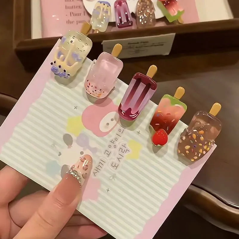 Resin hair clip barrette with cartoon ice cream decoration in sweet girl style.