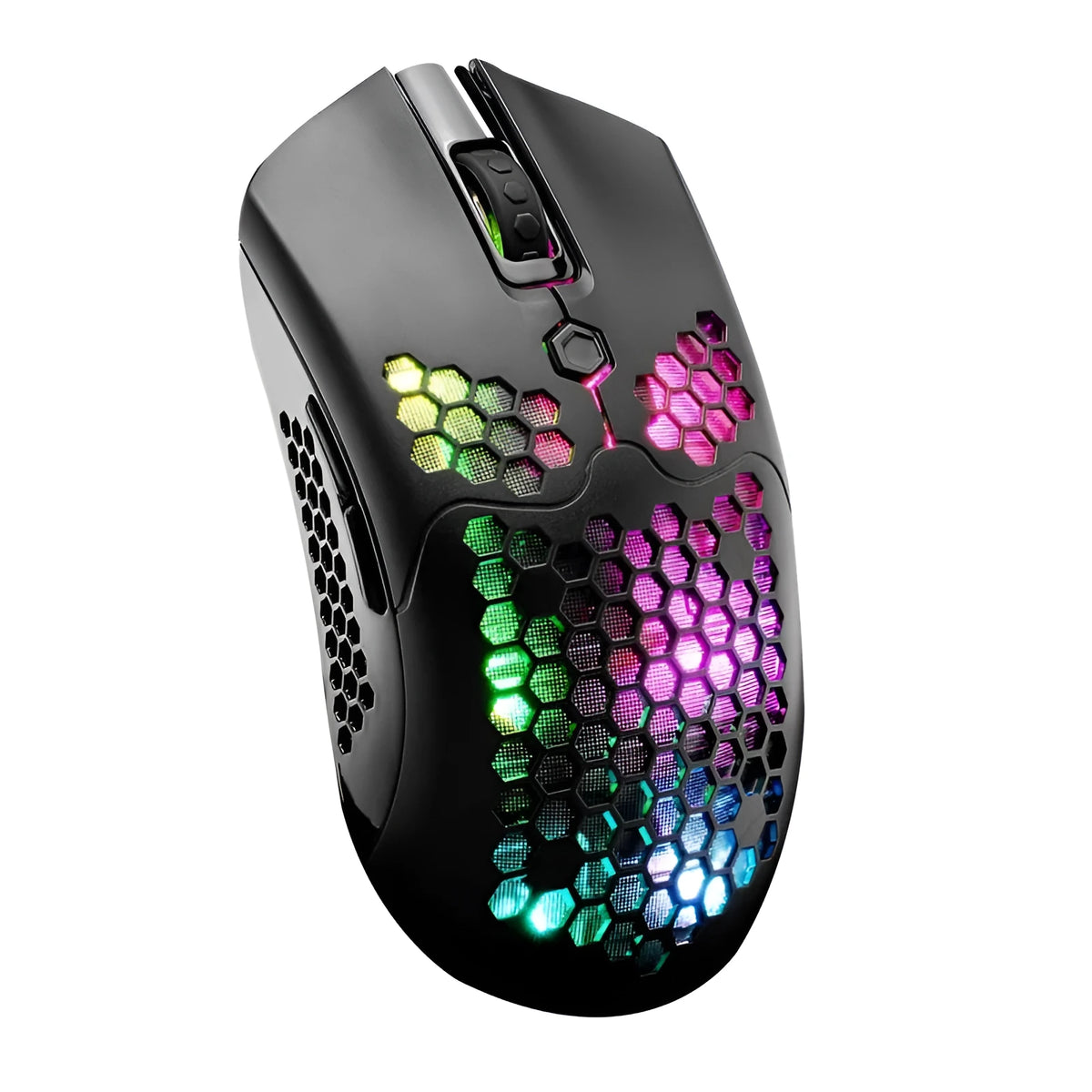 Free Wolf X2 wireless gaming mouse in black, showing RGB lighting and ergonomic shape.