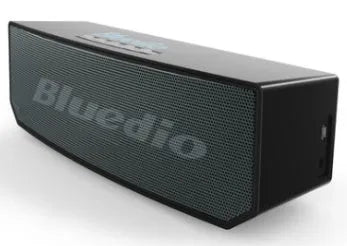 Black cloud smart speaker with compact design showing dimensions and Micro-USB charging port