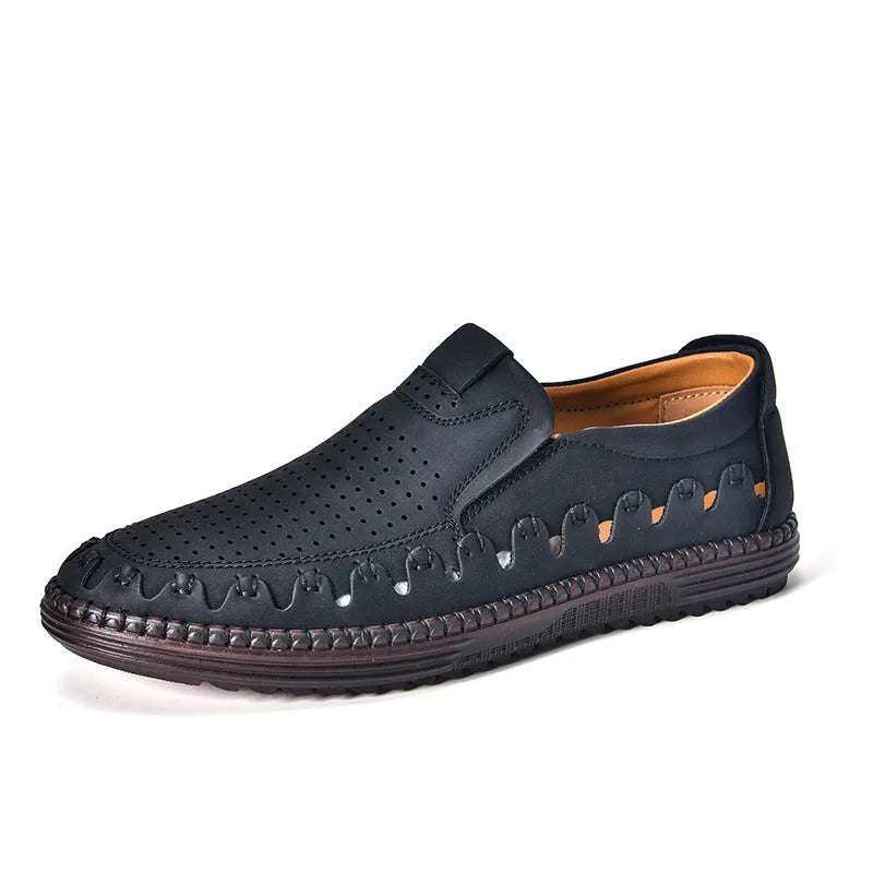 Men's brown slip-on casual shoes with round toe and flat PVC sole showing sewing line detailing