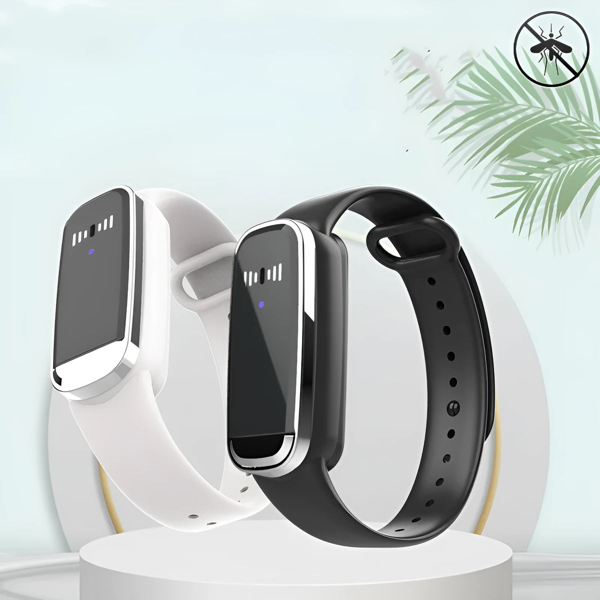 Ultrasonic mosquito repellent bracelet in black colour showing USB charging port and wristband design