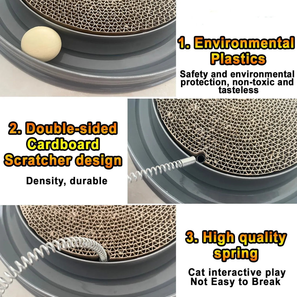 Blue interactive cat scratcher toy with a ball in a track and a corrugated cardboard scratch pad
