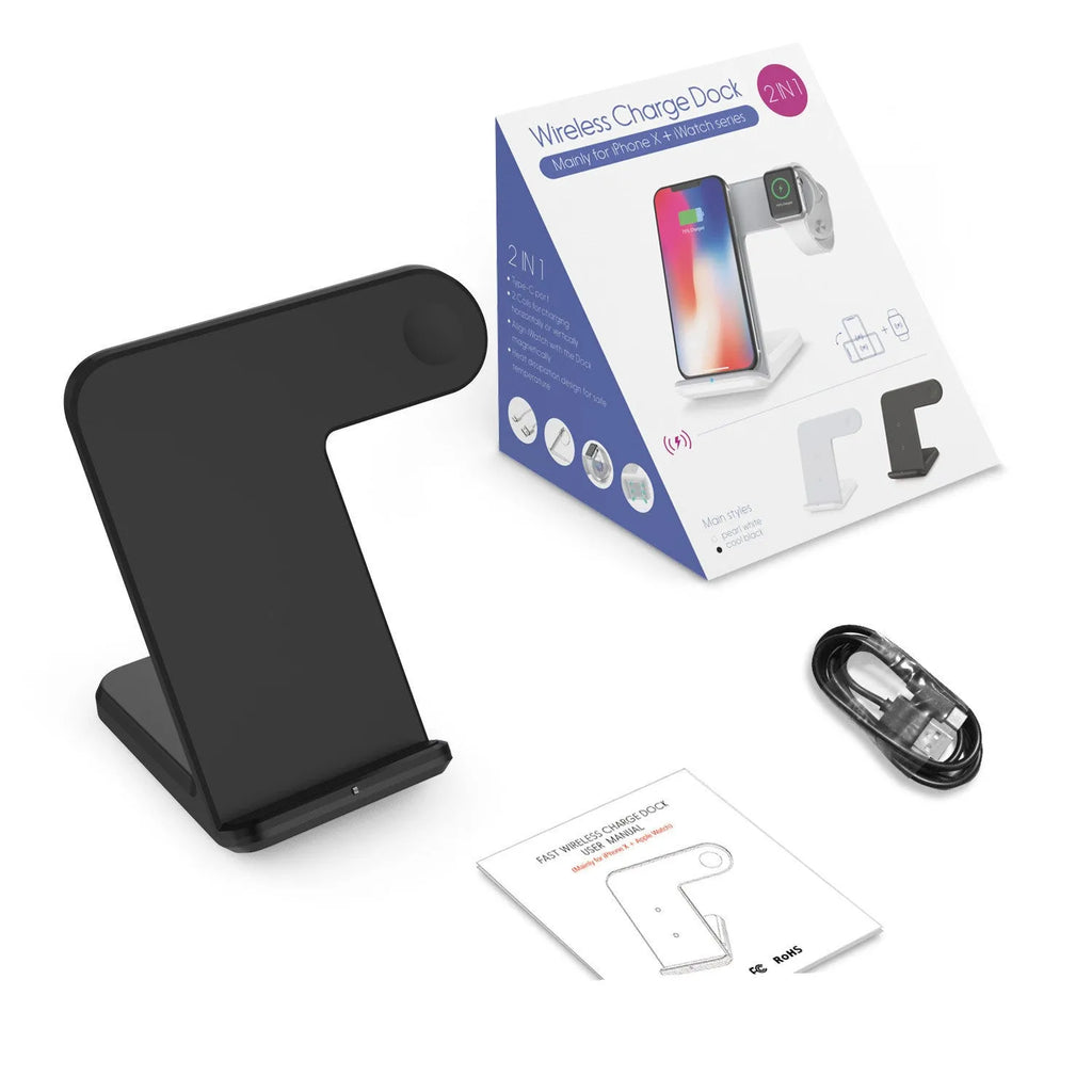 Black and white Qi wireless phone charger with Type-C cable on a desk