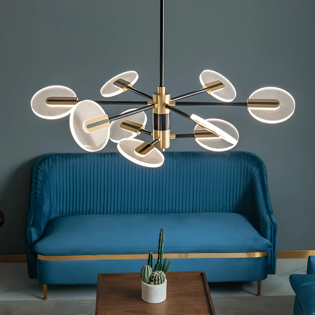 Nordic style iron and acrylic LED chandelier pendant lamp with multiple heads.