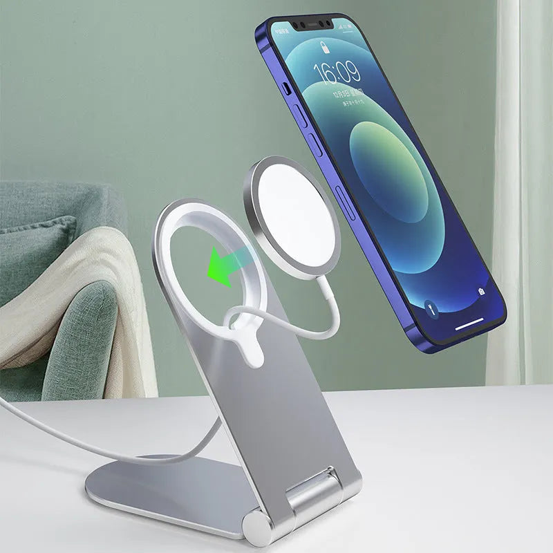Silver vertical adjustable magnetic phone bracket for iPhone 12 on white background