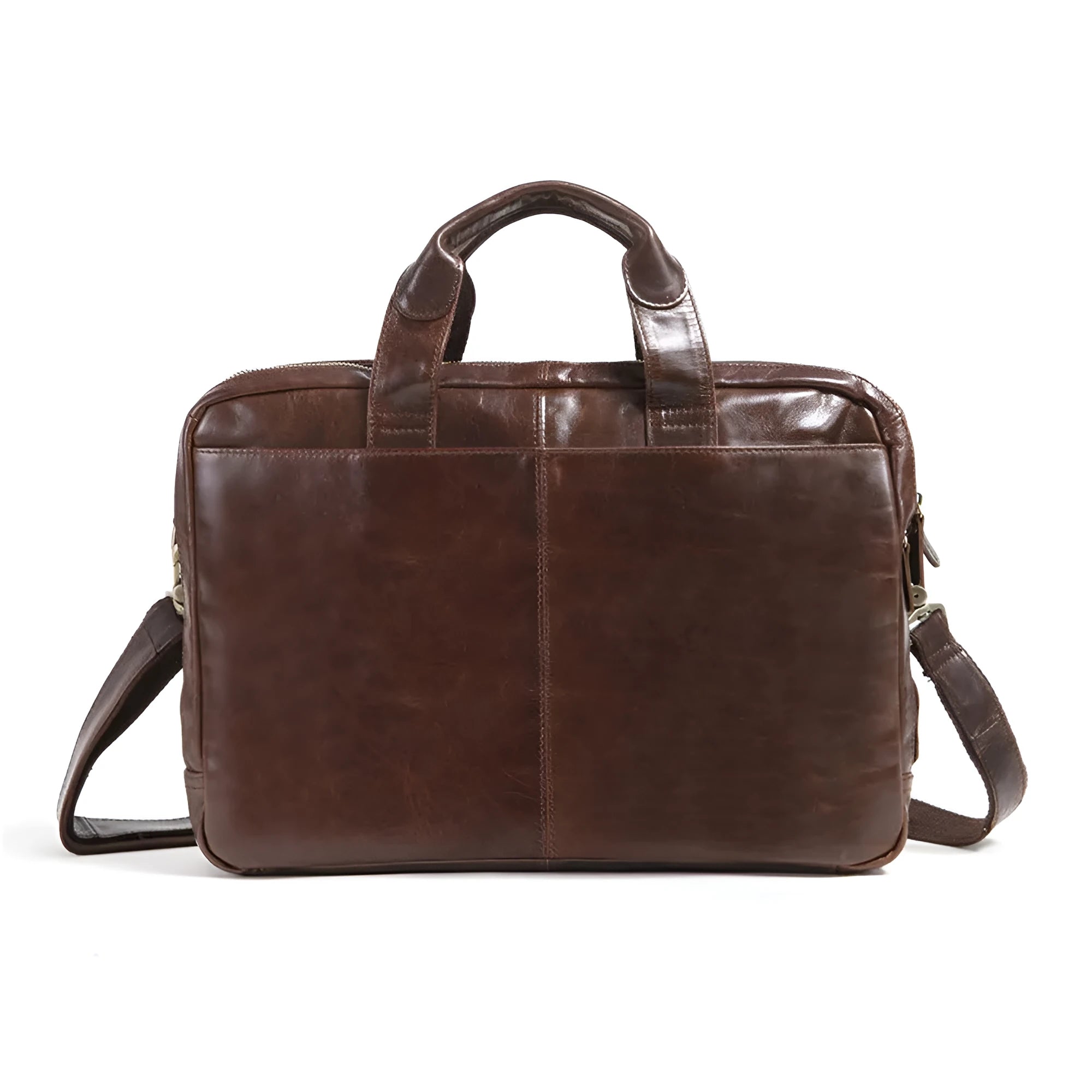 Brown men's business briefcase with 18-inch laptop compartment in first layer cowhide leather