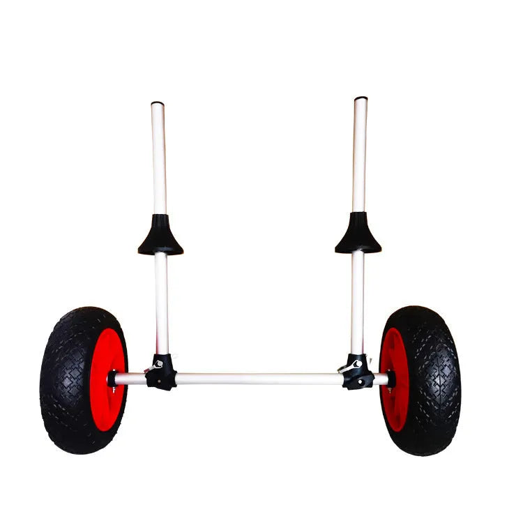 Foldable aluminium kayak cart with wheels and platform for transporting open kayaks.