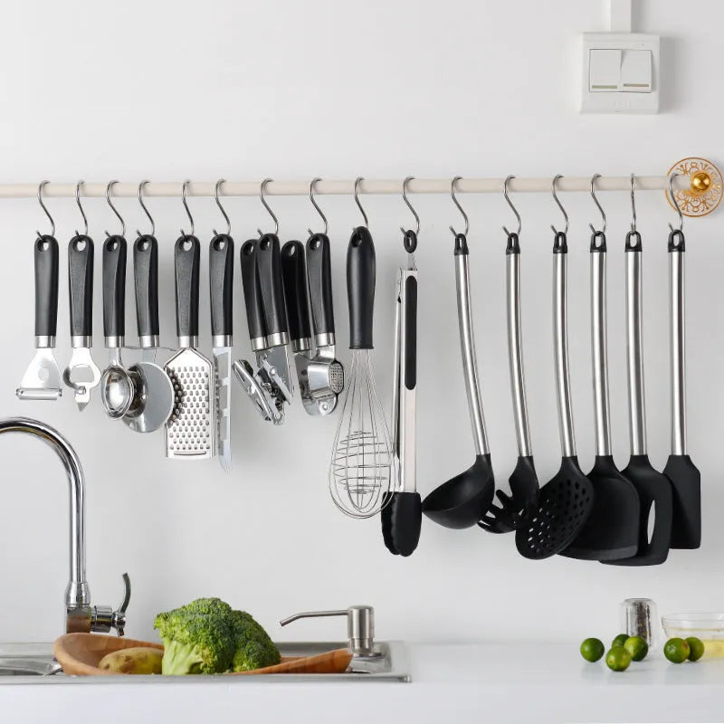 Black silicone-tipped cooking utensils with stainless steel handles, 16-piece set