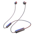 Black neck-mounted wireless Bluetooth sports earphones with custom logo printing area