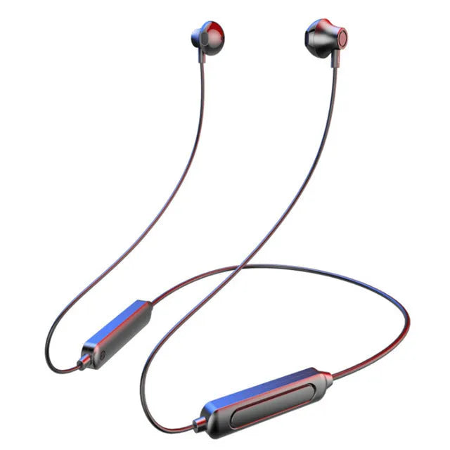Black neck-mounted wireless Bluetooth sports earphones with custom logo printing area