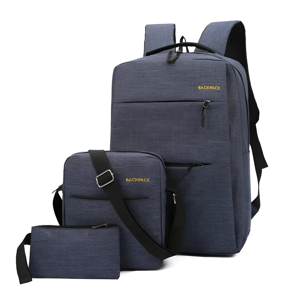 Men's USB charging computer bag three-piece set in navy blue with multiple compartments and anti-theft features