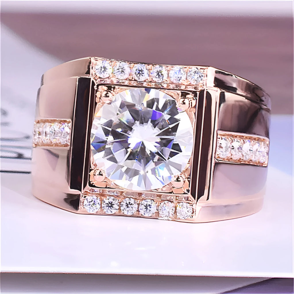 Men's adjustable copper ring with a high carbon diamond zircon stone in rose gold finish.