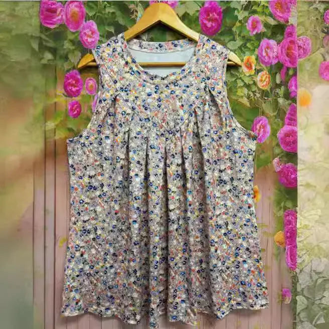 Women's black floral print sleeveless polyester vest, loose fit, plus size.