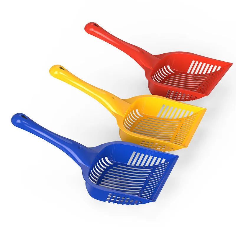 Plastic cat litter scoop in red, yellow, or blue colour showing small and medium size options