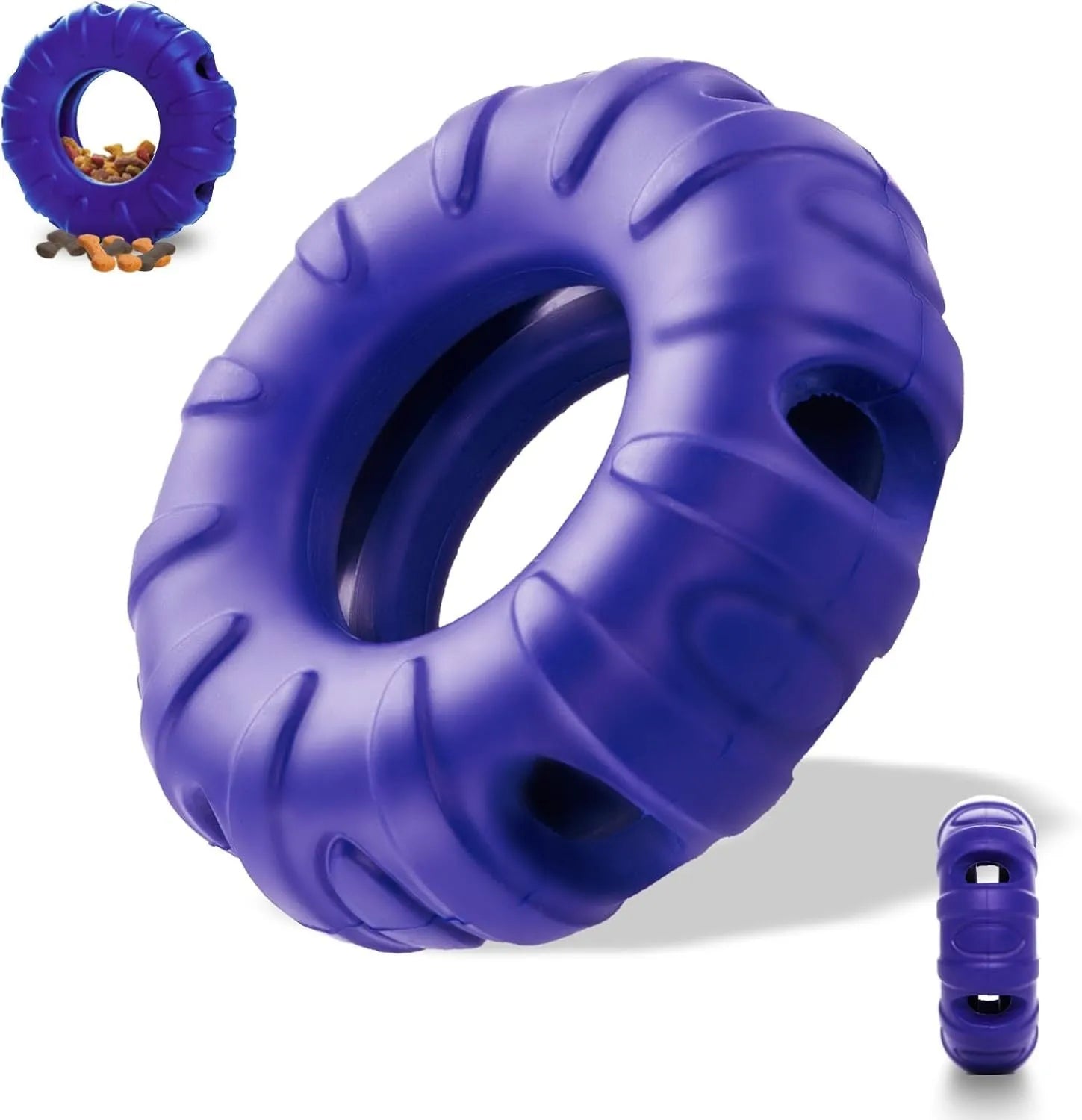 Blue rubber tyre-shaped dog chew toy with six oval openings for treat dispensing