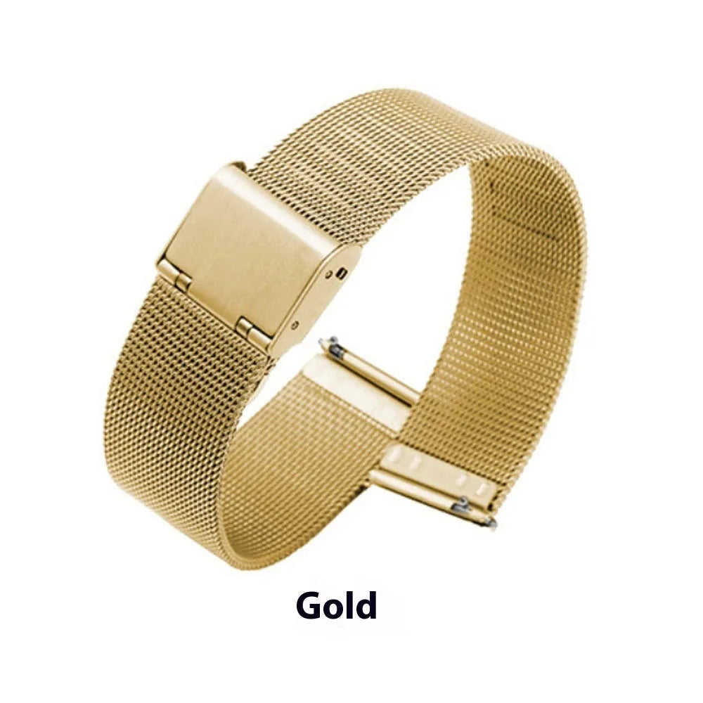 Milani silk woven stainless steel watch band showing multiple width sizes and colour options