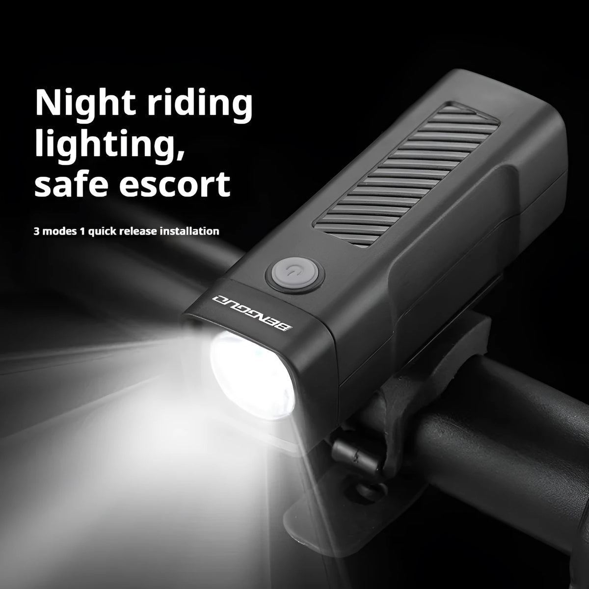 Black USB rechargeable bicycle headlight with LED and quick-release strap mount on handlebars.