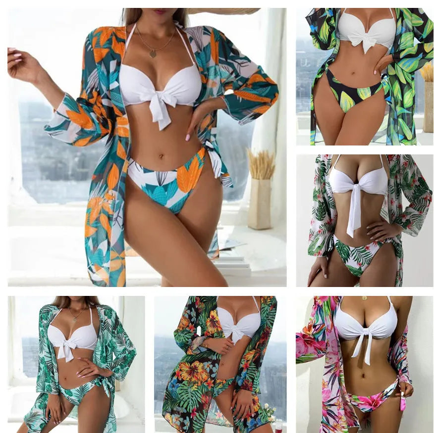 Women's three-piece mesh split bikini swimsuit set with coordinating coat in various colour options