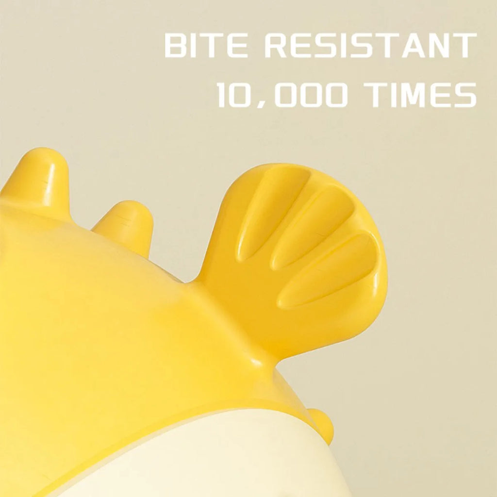 Yellow vinyl fish-shaped dog chew toy with textured surface for aggressive chewers.