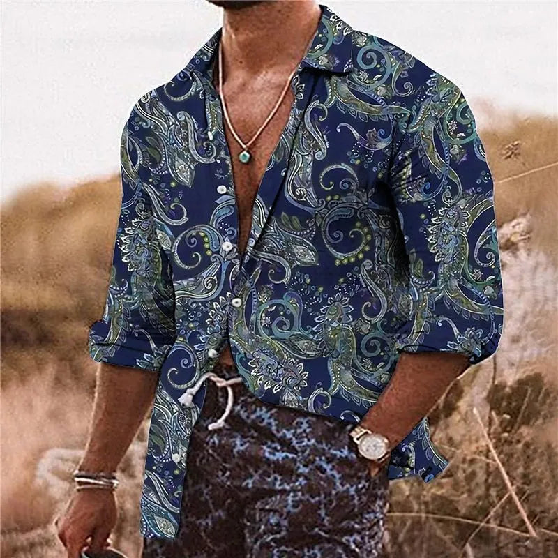 Men's loose fit long sleeve shirt with a colourful 3D floral pattern print on polyester fabric