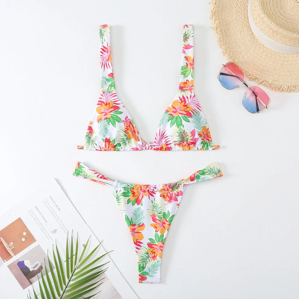 Women's floral print bikini swimsuit in rose red with briefs style and polyester construction