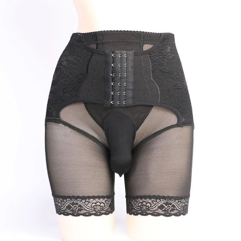 Men's personalised breathable nylon mesh summer shorts in black and skin tone colours, shown on a hanger.