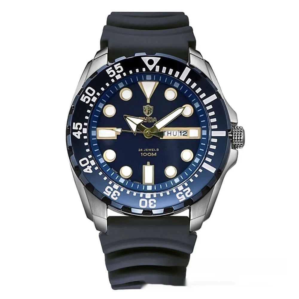 Men's waterproof luminous watch with blue dial on a steel bracelet.
