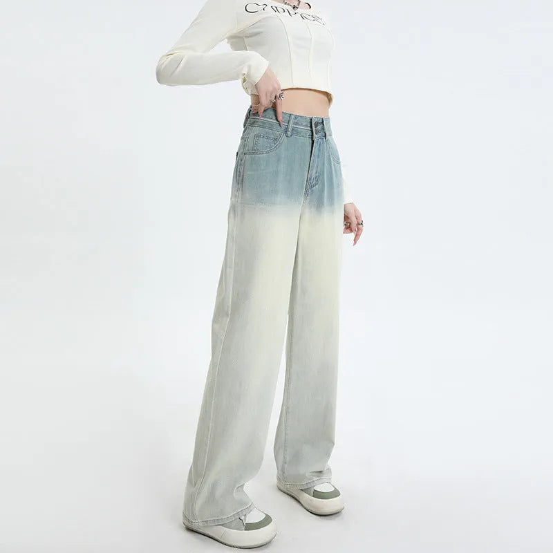 Women's gradient blue straight-leg denim trousers with wide-leg style on hanger