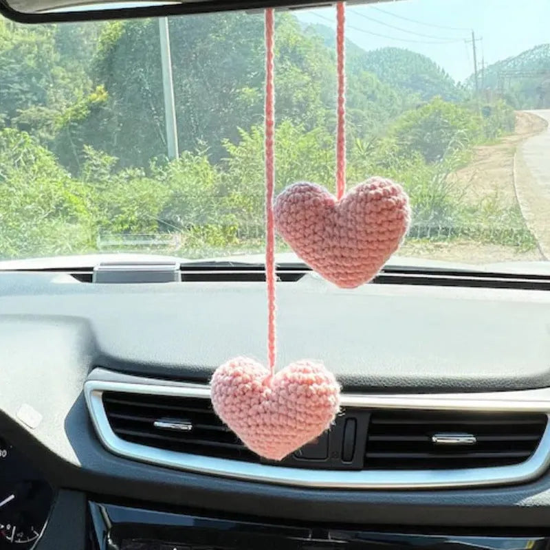 Green and white knitted car plant decoration with hanging cord for vehicle interior