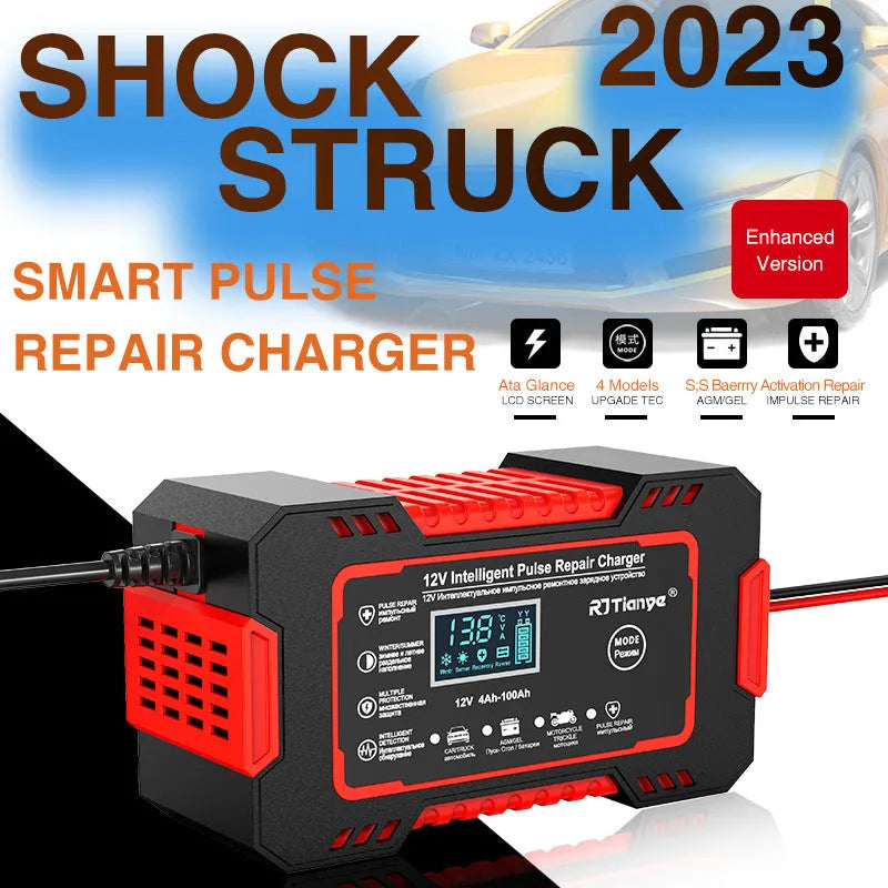 Red American standard car battery charger for lead-acid batteries with on-screen display, 213 x 110 x 64 mm