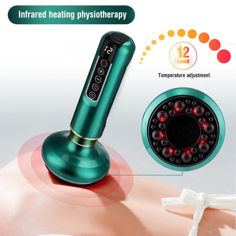 Green electric vacuum cupping and gua sha massager device with USB cable.