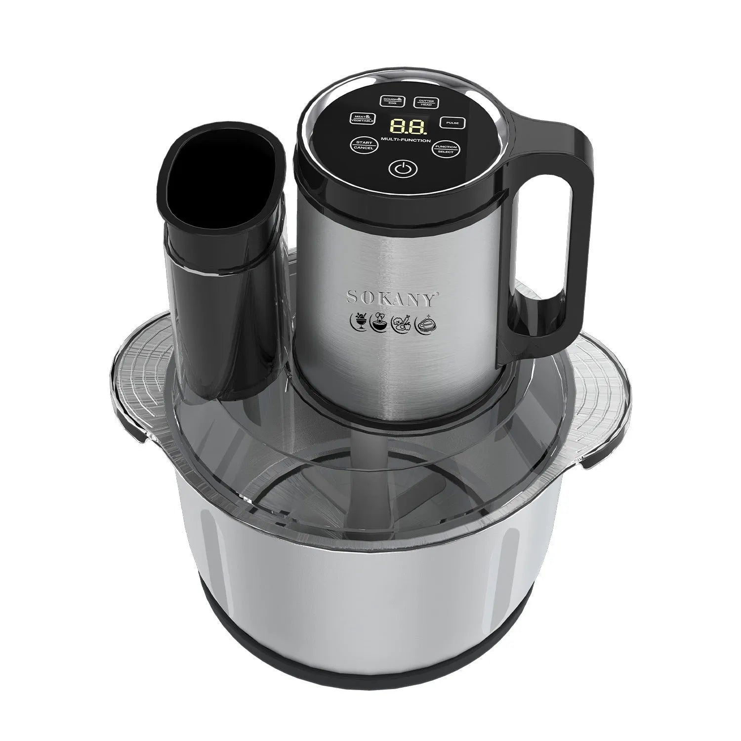 Stainless steel semi-automatic meat grinder with 5L capacity and vegetable cutting attachments