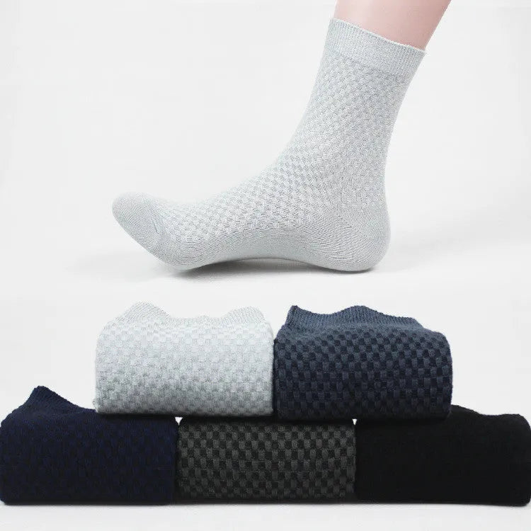 Men's bamboo fibre business socks showing small square pattern in five colour options