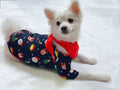 Family wearing matching Christmas pajamas with plaid design, including adults, children and dog in coordinated sleepwear