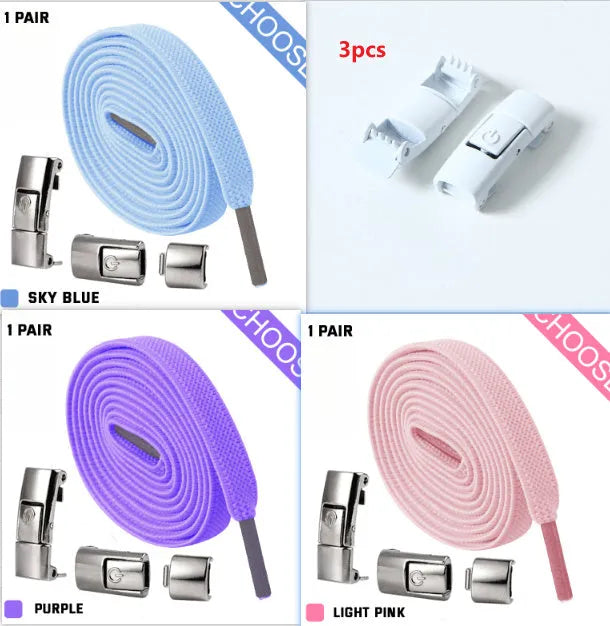 Press lock elastic no-tie shoelaces with widened 8mm flat profile in assorted colours